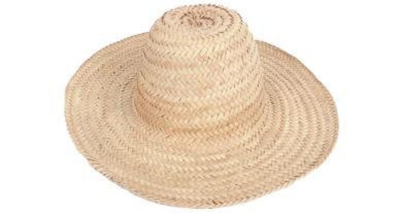 May include: A wide-brimmed straw hat with a tall, pointed crown. The hat is woven from natural straw and has a light brown color.