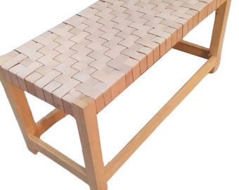 Moroccan Braided leather bench, leather strap bench, boho bench, wooden square bench section, handmade leather and wood stool, natural chair