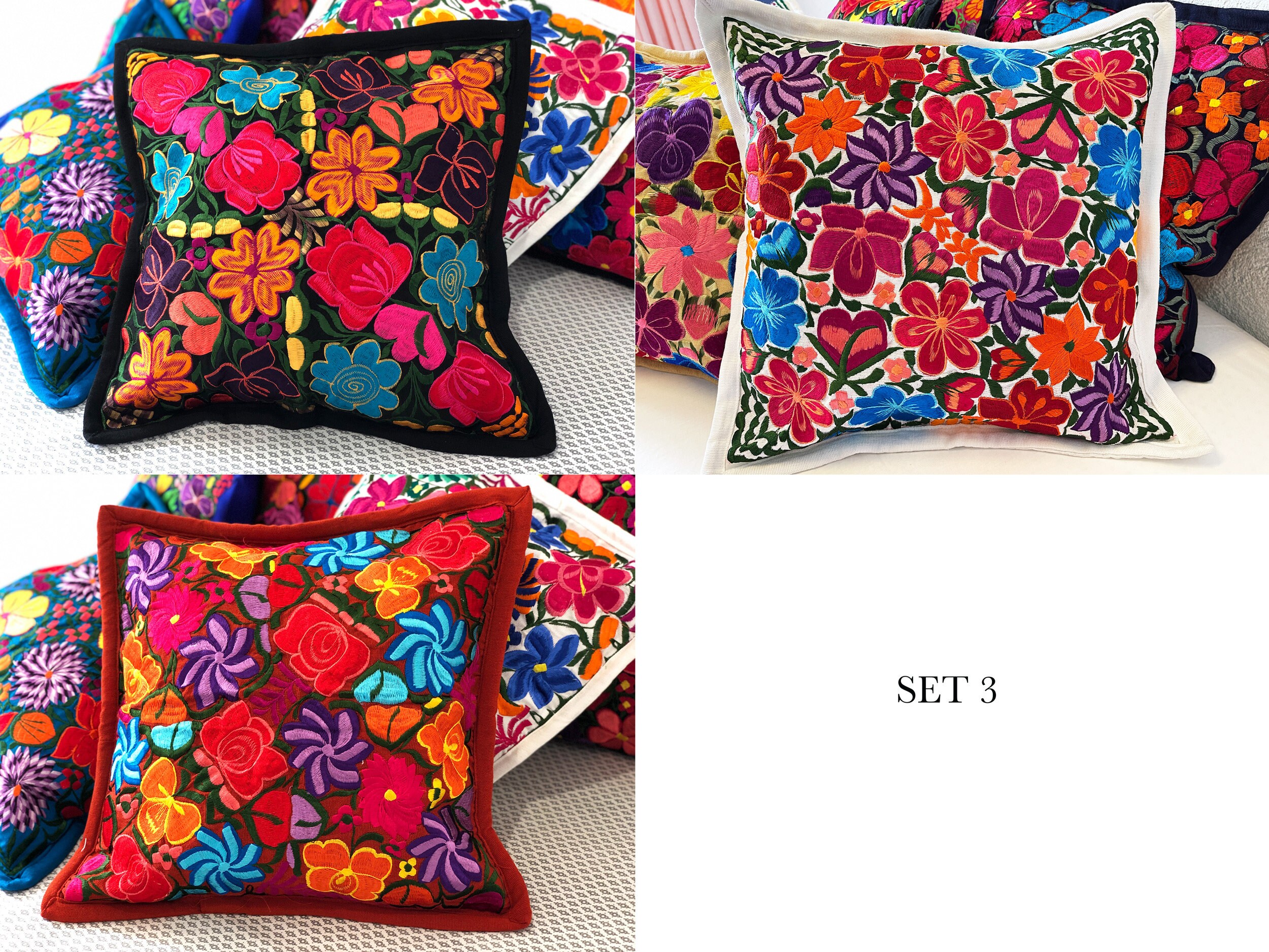 Set of 3 Mexican Embroidered Pillow Covers Mexican Pillow Etsy