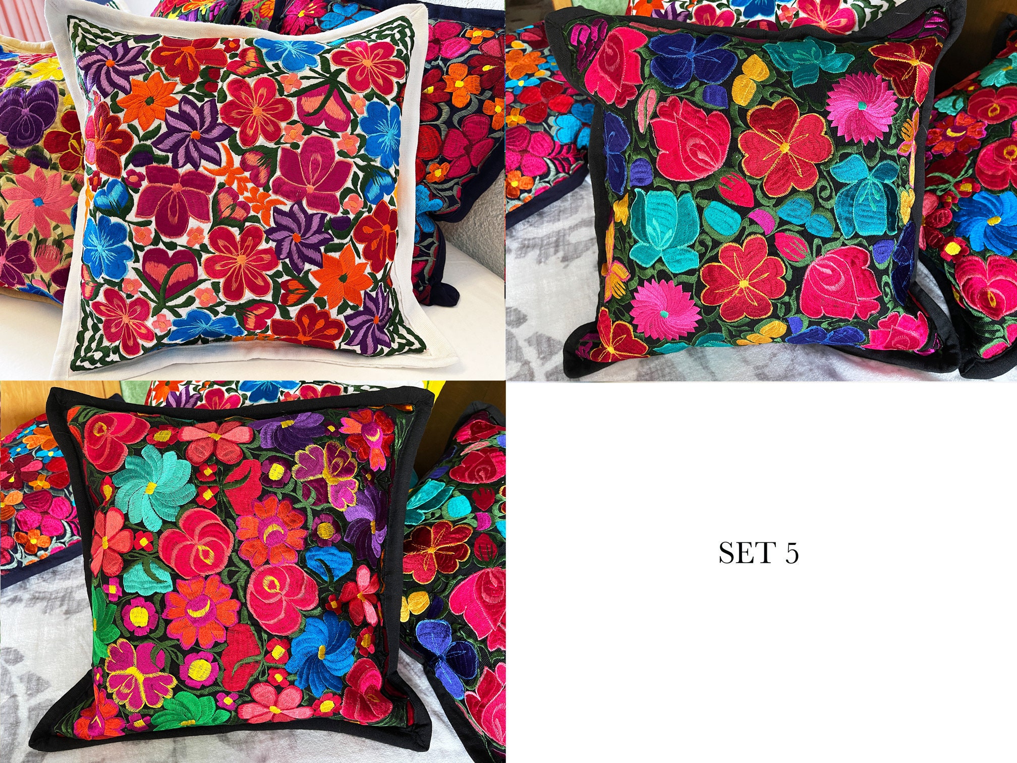 Set of 3 Mexican Embroidered Pillow Covers Mexican Pillow Etsy