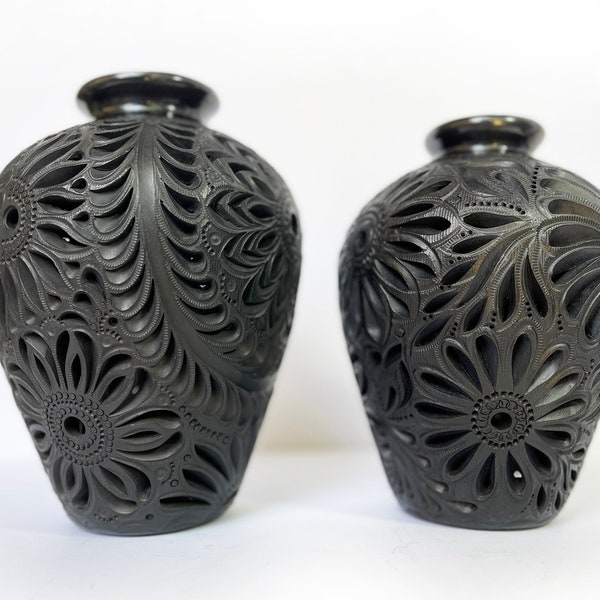 Set of two piece flower vases, Black pottery flower vases, Barro negro, Openwork vases, Oaxacan vases, Mexican handicraft