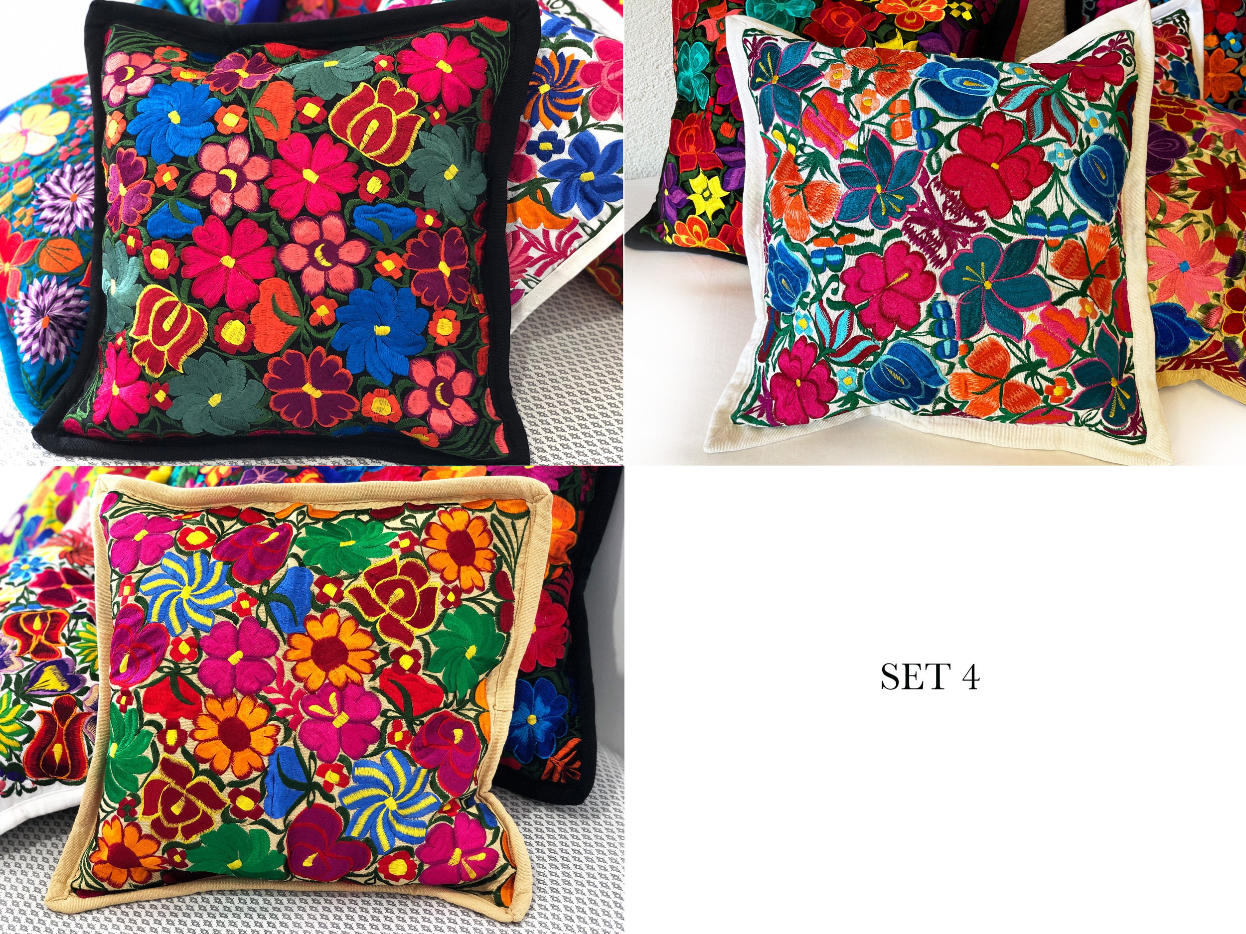Set of 3 Mexican Embroidered Pillow Covers Mexican Pillow Etsy