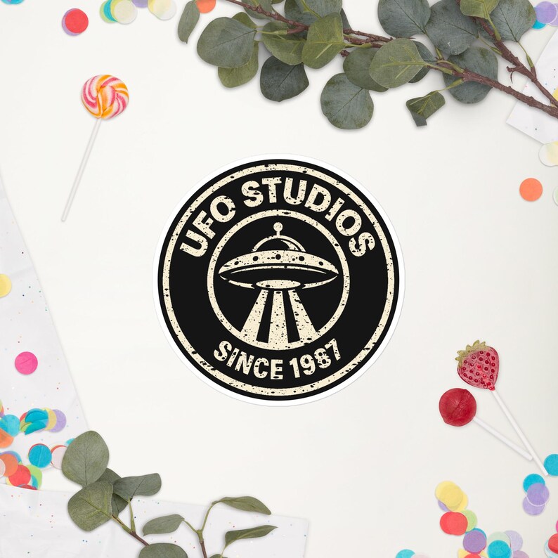 Official UFO Studios Sticker | Distressed Since 1987 UFO Seal | Retro Flying Saucer Vinyl Decal