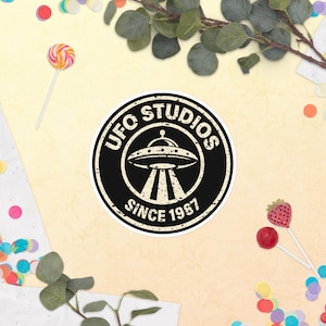 Official UFO Studios Sticker | Distressed Since 1987 UFO Seal | Retro Flying Saucer Vinyl Decal