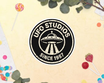 Pegatina oficial de UFO Studios / Sello UFO desgastado desde 1987 / Vinilo adhesivo retro de platillo volador