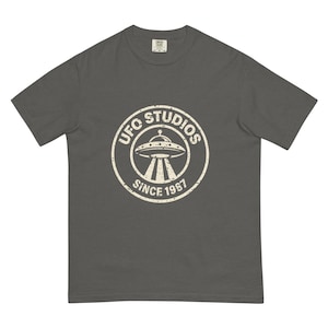 Official UFO Studios Heavyweight Tee | Distressed Since 1987 Flying Saucer Shirt | Comfort Colors 1717
