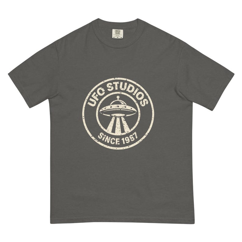 Official UFO Studios Heavyweight Tee | Distressed Since 1987 Flying Saucer Shirt | Comfort Colors 1717