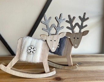 Wooden Christmas Reindeer Decorations | Rustic Rocking Reindeer with Woolly Coat and Wooden Star | Festive Scandi Reindeer