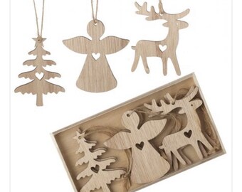 9 Rustic Wooden Christmas Tree Decorations | Set of Tree Angel and Reindeer Decorations | Scandi Style Decorations | Small Wood Tree Hangers