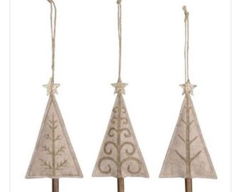 Festive Felt Christmas Trees | Rustic Beige Hanging Tree Decorations | Christmas Trees with Gold Star | Scandi Style Christmas Tree Decor