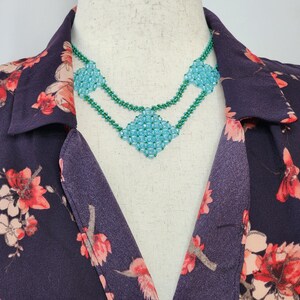 Dancing Diamonds: Emerald and Sky Blue Geometric Beaded Necklace