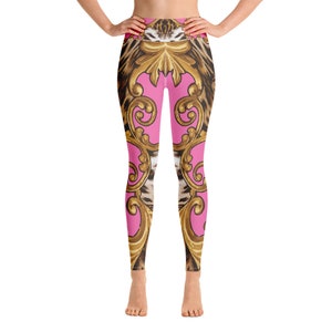 Leggings de cintura alta - Estampado - Rosa - Dourado - Designer - Calças de ioga - Academia - Treino - Atlético - Corrida - Esportes