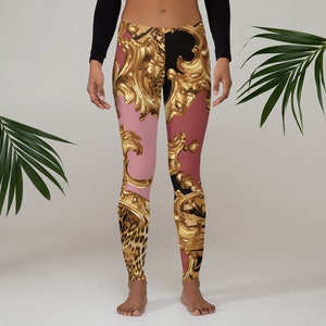 Leggings - Gedruckt - Pink - Gold - Designer - Yogahose - Fitnessstudio - Workout - Athletisch - Laufen - Sport