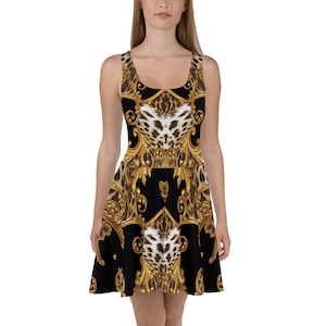 Skater Dress Black Gold Leopard Animal Print Wedding Guest Mother of The Bride Designer Summer Cocktail Formal Plus Size Party Evening Boho