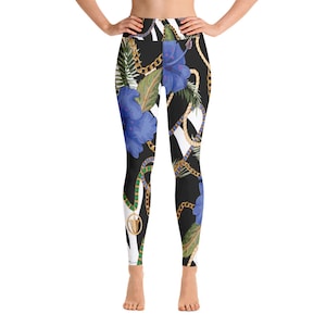 Leggings mit hoher Taille für Frauen, Floral Schwarz Weiß Gestreifte Workout Gym Designer Yoga Hose, Athletische Damen Laufen Squat Proof Gedruckt