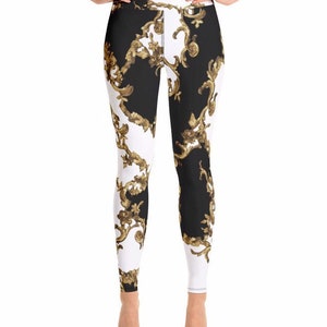Leggings mit hoher Taille für Frauen - Bedruckt - Weiß - Schwarz - Grafik gedruckt - Designer - Yoga-Hose - Fitnessstudio - Workout - Athletisch Laufsportarten