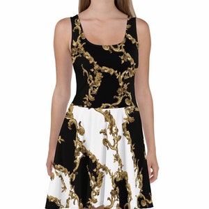 Skater Dress Black White Gold Wedding Guest Mother of The Bride Designer Summer Cocktail Formal Plus Size Party Evening Boho Birthday