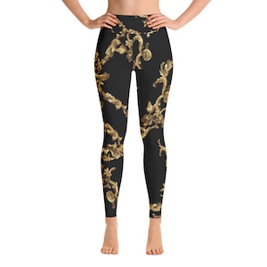 Leggings mit hoher Taille für Frauen, Schwarz Gold Workout Gym Designer Yogahosen, sportliche Damen, die hockensicher gedruckte Leggings laufen