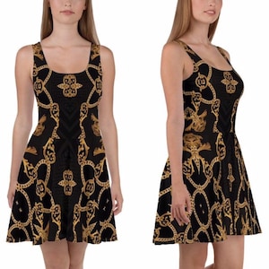 Skater Dress Black Gold Wedding Guest Mother of The Bride Designer Summer Cocktail Formal Plus Size Party Evening Boho Birthday