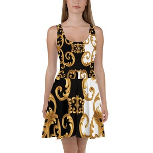 Skater Dress Black White Gold Wedding Guest Mother of The Bride Designer Summer Cocktail Formal Plus Size Party Evening Boho Birthday