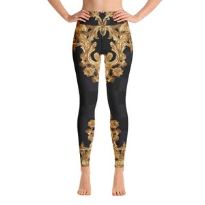 Leggings mit hoher Taille für Frauen - Bedruckt - Schwarz - Gold - Grafik gedruckt - Designer - Yoga-Hose - Fitnessstudio - Workout - Athletisch Laufsport
