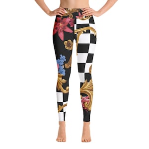 Leggings mit hoher Taille für Frauen, Floral Schwarz Weiß Kariert Workout Gym Designer Yoga Hose, Athletische Damen Laufen Squat Proof Gedruckt