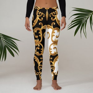 Leggings für Frauen - Bedruckt - Designer - Schwarz - Weiß - Gold - Yogahose - Fitnessstudio - Workout - Athletisch - Laufen - Sport