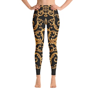 Leggings mit hoher Taille für Frauen, Schwarz Gold Workout Gym Designer Yogahosen, sportliche Damen, die hockensicher gedruckte Leggings laufen