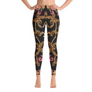 Leggings mit hoher Taille - Bedruckt - Schwarz - Gold - Grafik gedruckt - Designer - Yoga-Hose - Fitnessstudio - Workout - Athletisch - Laufen - Sport