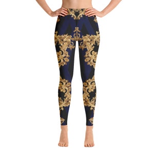 Leggings mit hoher Taille - Gedruckt - Marineblau - Gold - Schwarz Gestreift - Designer Yogahose Fitness-Studio Workout Athletisch Laufsport