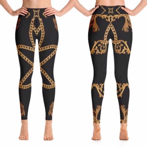 Leggings mit hoher Taille für Frauen, Schwarz Gold Workout Gym Designer Yogahosen, sportliche Damen, die hockensicher gedruckte Leggings laufen