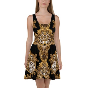 Skater Dress Black Gold Leopard Animal Print Wedding Guest Mother of The Bride Designer Summer Cocktail Formal Plus Size Party Boho