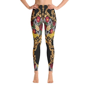 Leggings mit hoher Taille für Damen - Gedruckt - Schwarz - Gold - Floral - Grafik Gedruckt - Designer Yoga Hose Fitness-Studio Workout Athletisch Laufsport Sport