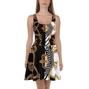 Skater Dress Black White Striped Gold Wedding Guest Mother of The Bride Designer Summer Cocktail Formal Plus Size Party Evening Boho