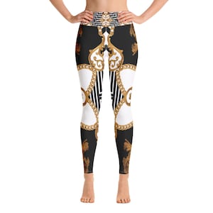 Leggings de cintura alta para mujer, pantalones de yoga de diseño para entrenamiento en el gimnasio, en negro, blanco y dorado, leggings estampados atléticos para correr y hacer sentadillas para mujer