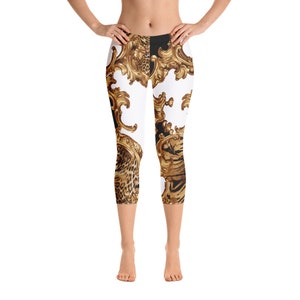 Leggings para mujer, Capri, pantalones de yoga de diseño para gimnasio, entrenamiento en oro blanco, leggings estampados a prueba de sentadillas para correr para mujer