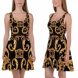 Skater Dress Black Gold Short Wedding Guest Mother of The Bride Designer Summer Cocktail Formal Plus Size Party Evening Boho Birthday