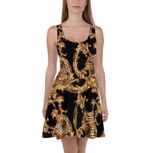 Skater Dress Black Gold Wedding Guest Mother of The Bride Designer Summer Cocktail Formal Plus Size Party Evening Boho Birthday