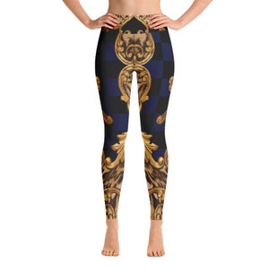 Hohe Taille Leggings - Gedruckt - Marine Blau - Kariert - Gold - Designer - Yoga Hose - Fitnessstudio - Workout - Athletisch - Laufen - Sport