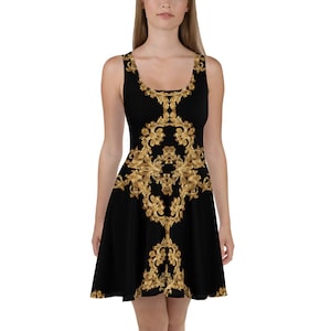 Skater Dress Black Gold Wedding Guest Mother of The Bride Designer Summer Cocktail Formal Plus Size Party Evening Boho Birthday