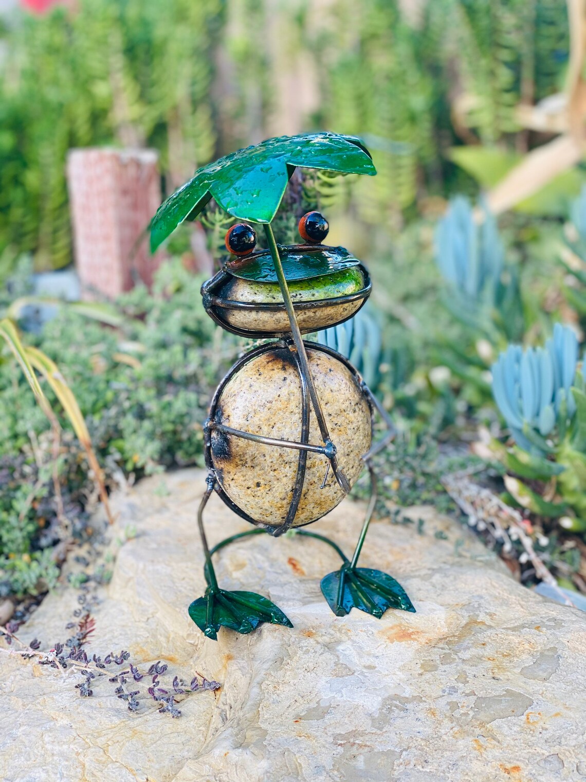 Metal and rock frog with sun umbrella metal garden art Etsy