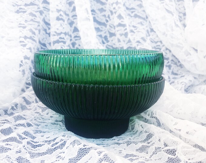 Vintage Green Ribbed Glass Bowls Green Glass Serving Bowls Etsy