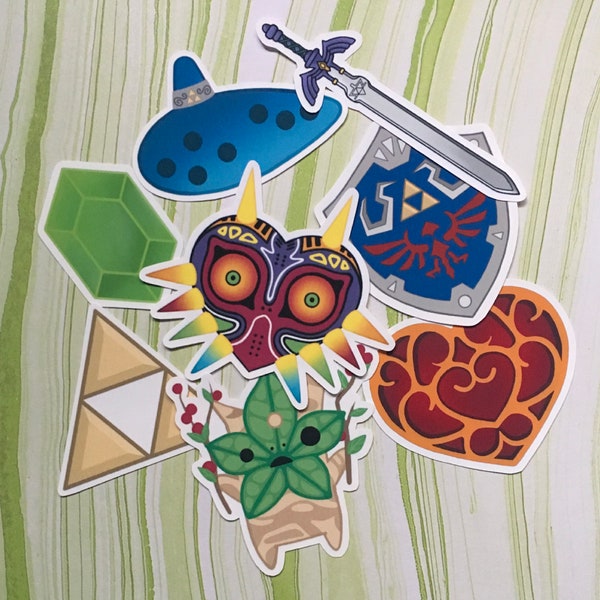 8 Zelda stickers, cute matte/glossy stickers. majoras mask, rupee, master sword, master shield, ocarina, korok, heart container