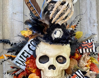 Gothic Skull Halloween Wreath: Steampunk Mrs. Bones Fall Decor