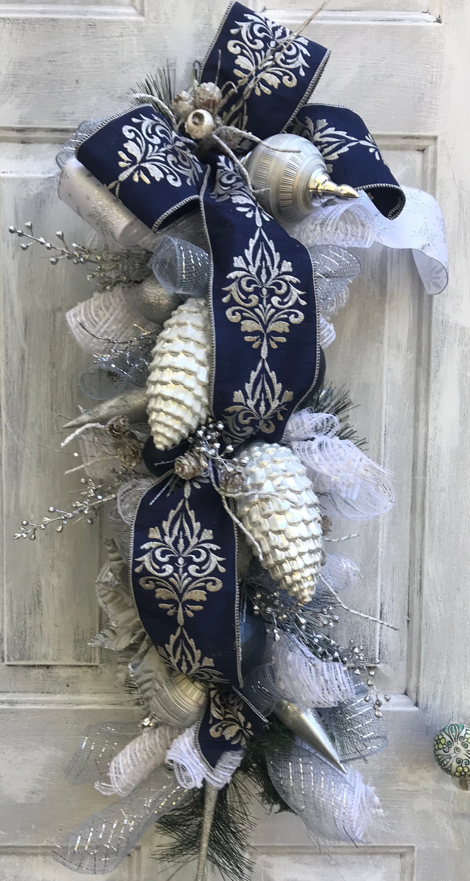 Christmas Wreath Swag Blue and White Christmas Swag Wreath Holiday