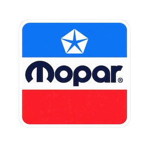 May include: A square sticker featuring a horizontal tricolor design with a blue top section containing a white pentastar logo, a white middle section with the dark blue text Mopar, and a red bottom section with a subtle textured appearance.