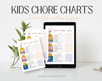 May include: A set of children's chore charts with the text "KIDS CHORE CHARTS" and "available in two sizes". The charts feature a daily checklist with illustrations and a weekly schedule. The Etsy shop URL is visible at the bottom.