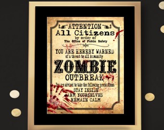 Zombie uitbraak waarschuwing afdrukbaar teken, Halloween Vintage Zombie teken, Walking Dead Halloween decoraties, Vintage Halloween Decor