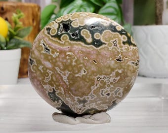Ocean Jasper Palm Stone - 1367 -  Beautiful Green, Tan, Pink and White, Gorgeous Patterns, Calming Energy, Gift Idea, Polished Natural Stone