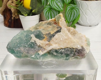 Large UV Reactive Green and Purple Fluorite with Quartz Crystals - 187 - Natural Fluorite Specimen, Raw Fluorite, Transparent, Gift Idea,